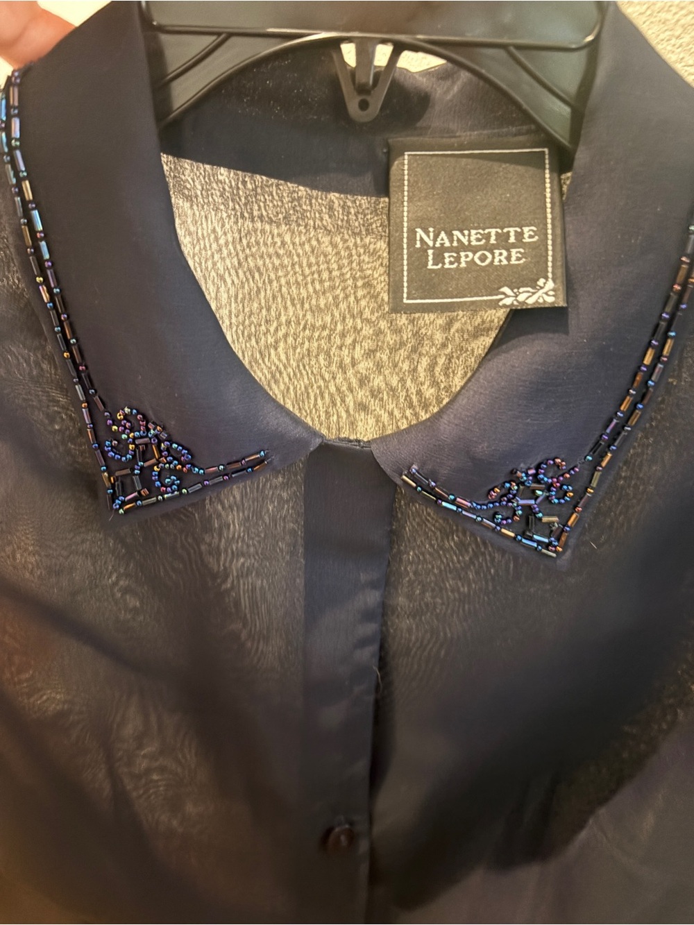 Nanette Lepore Navy Sheer Short-Sleeve Button-Down with Beaded Collar Accent - Picture 5 of 7
